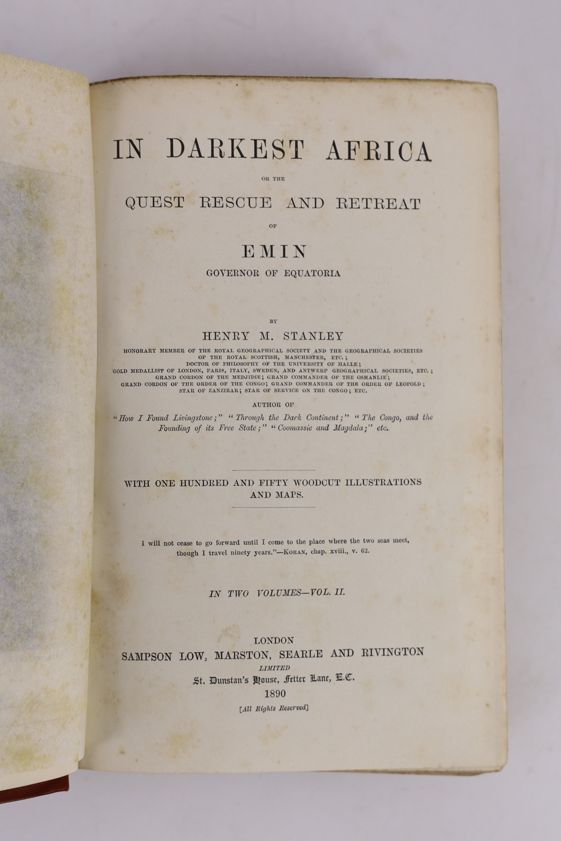 Stanley, Henry Morton, Sir - In Darkest Africa, or the Quest Rescue , and Retreat of Emin, Governor of Equatorial, 1st edition, 2 vols, 8vo, original pictorial cloth gilt, with 4 maps (1st map in vol 1 torn and with loss